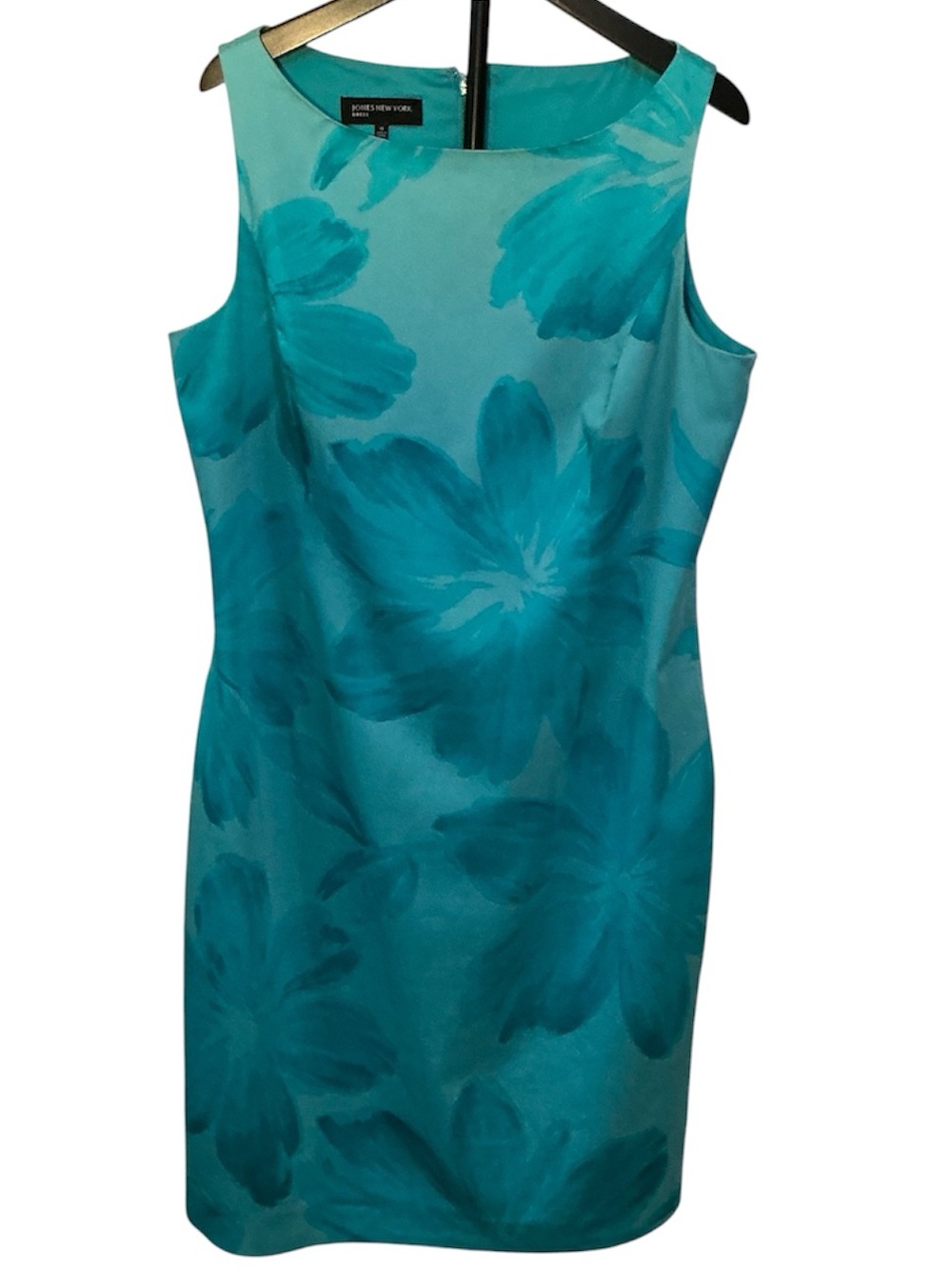 Jones New York Aqua - Teal Floral Print Midi Sleeveless Sheath Dress Size 12